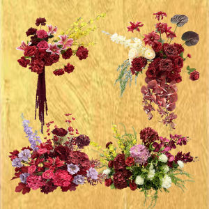 Affordable Chinese Style Wedding Flower Arrangements Velvet Red Simulation Flowers Background Decoration for Engagement Parties