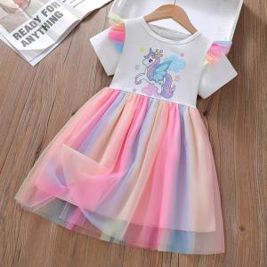 Childrens Korean version dress girls summer cartoon printed short sleeved patchwork colorful mesh princess dress