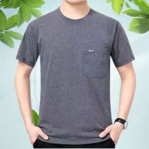 Summer round Neck Short Sleeves Combed Cotton T-shirt Casual Dad Wear Middle-Aged Men Daily Pocket Shirt Pure Color Tops