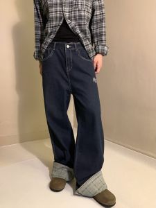 กางเกงยีนส์ทรงหลวมสไตล์อเมริกันย้อนยุคสำหรับผู้ชายและผู้หญิง กางเกงขายาวทรงตรง ขอบกระดิ่ง ลายสก็อต สไตล์ลำลอง