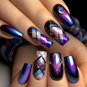 Medium long fake nails for women girls Geometric strips color block y2k purple blue black beige tips press on false nail art set