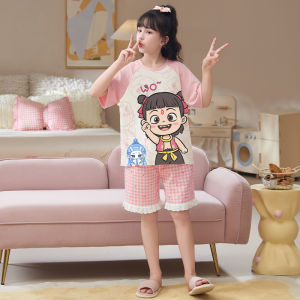Miiow | Pure Cotton Short Sleeve Childrens Sleepwear Set Cartoon Design Breathable Comfortable Home Clothes For Little Girls