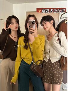 Korean Style V-Neck Long Sleeve Knitted Open Cardigan Womens Thin Design Base Layer Sweater Jacket Top Lightweight Commute