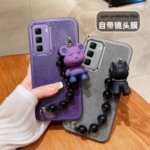 with Lens Film Phone Case Infinix Hot 60i 60 Hot60i 5G New Trendy Fashion Shiny Cardstock Casing with Cute Cartoon Bear Bulldog Wristband 2025