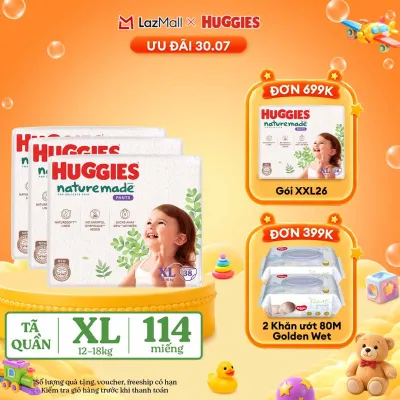 [QUÀ TẶNG ĐƠN 399K] Combo 3 Tã/Bỉm quần HUGGIES PLATINUM NatureMade XL38 (12-18kg)-Gói Jumbo 38 miếng