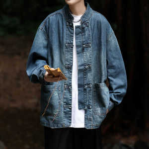 Washed Denim Gradient Dyed Mens Jacket Chinese Style Tang Suit Buttoned Shirt Coat Loose Fit Youthful Spring Autumn Outerwear