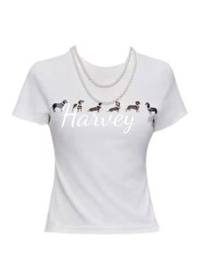 TheoryHarevy Spicy Short Sleeve Womens T-shirt Dog Print Elastic Slim Fit Summer Top Commute Style Creative Animal Pattern