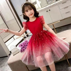 Girls ชุดตรุษจีน สไตล์ตะวันตก Starry Gradient แขนสั้นชุดเจ้าหญิง Tufted Tulle กระโปรงกระโปรงเด็ก  ชุดคริสมาสต์เด็ก เสื้อคริสมาสต์ ชุดเดรสเด็ก ชุดเจ้าหญิง  kid wedding dress ชุดเดรสเด็ก