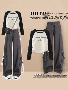 Cool Girl Matching Korean Style Fancy Raglan Sleeve T-shirt Tops Wide-Leg Overalls Two-piece Set