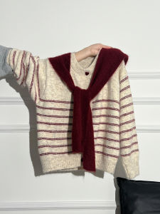 La Chapelle Long Sleeve round Neck Striped Knitted Sweater Wrap Autumn Winter New Style Open Cardigan Outerwear Womens Fashion