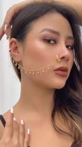 Ingemark Trendy Geometry Beads Pendant Nose Clip Ring With Earring Women No Piercing Metal Body Chain Jewelry Dancer Accessories