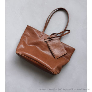 Fanhua Leather Handmade Tannery Cowhide Genuine Leather Womens Large Capacity Commuter Single Shoulder Tote Bag