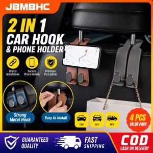 JBMBHC 4PCS Universal Car Seat Back Hook 2-in-1 Headrest Hanger Clip PU Leather Double Hooks Holder Grocery Bag Storage Organizer