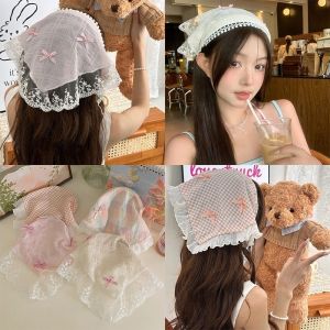 Sweet Bow Lace Hair Scarf Headbands Bowknot Triangle Bandana INS Wraps Head Coverings Countryside Style Triangle Scarf