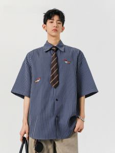 HetingHOME | Hetinghome Summer Trendy Striped Loose Mens Shirt Half Sleeve Couples Fashion Polyester Fiber Youthful Style Sharp Collar