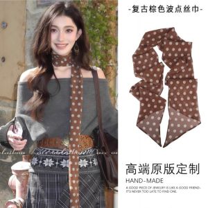 Khăn Choàng Lụa Kẻ Sọc Màu Nâu Phong Cách Hồng Kông Mới Dài Cho Nữ Phụ Kiện Trang Trí Cổ Dây Thừng Cổ Cao Trang Phục Thường Ngày Mùa Xuân Mùa Thu