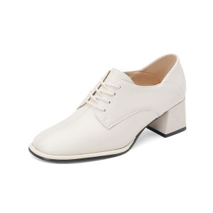 Daphne | Rough Heel Square Toe British Style Lace-up Flat Shoes
