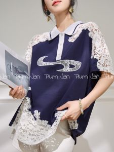 PlumJan | Lace Cutout Polo Collar T-shirt