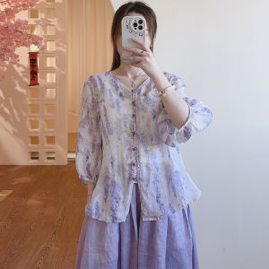 Spring Summer New Retro V-Neck Thin Hemp Print Three-Quarter Sleeve Versatile Womens Shirt Casual Loose Fit Floral Embroidery