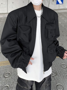 Retro Short Pad Shoulder Mens Jacket Multi-Pocket Pilot Style Black Baseball Uniform Top Fashionable Loose Fit Spring Autumn