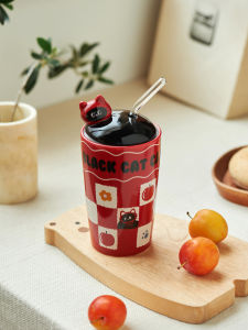 April Cute Cartoon Ceramic Mugs with Straws High Aesthetic Office Drinking Water Cups Large Capacity Home Use Mugs Cat Design