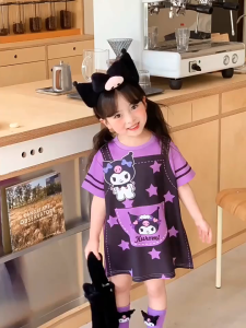 1-9 ปี แฟชั่นฤดูร้อน ชุดเดรสเด็กผู้หญิง Kuromi ลายการ์ตูน เนื้อผ้าใส่สบาย สําหรับเด็กผู้หญิง