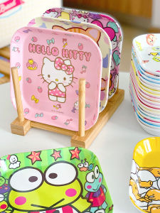 จานพลาสติกมีมันวาวสี่เหลี่ยมลายการ์ตูนสำหรับใช้ในบ้าน จานรองอาหารสำหรับเด็ก ทนทานต่อการกระแทก ขนาด 5 นิ้ว จานรองอาหารเล็ก