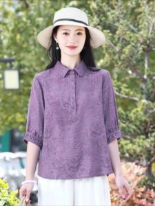 High-End Womens Silk Blend Linen Shirt Thin Elegant Slimming Overhead Top Comfortable Regular Fit Printed Spring Fashion