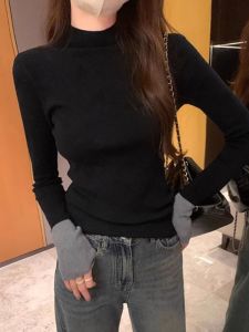 ผู้หญิง ชั้นฐานถัก เสื้อสเวตเตอร์ ครึ่งสูง ปกเสื้อ บล็อกสีขนด้านใน ฤดูใบไม้ร่วง ฤดูหนาว รูปแบบใหม่ สลิมฟิต เสื้อท่อนบน