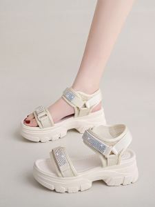 Sporty Fashion Sandals Womens Summer New Thick Bottom High Heels Casual Beach Shoes Diamond Decoration Korean Style Flat Sandals