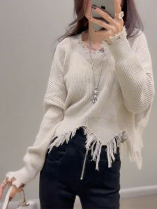 Irregular Holes Fringe Design Sweater Womens