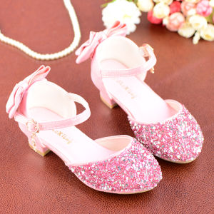 QIAOQIAOXING | Girls Crystal Shoes for Formal Dance Silver Glitter Soft Heel