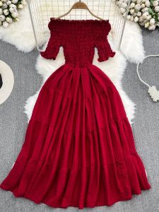 Summer Gentle Wind Fairy A-Line One-Shoulder Bridesmaid Dress Beach Vacation Maxi Skirt High Waist Short Sleeve Pure Color