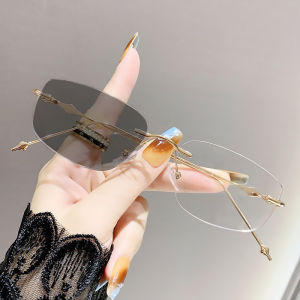 TANCO 4 in 1 Auto Change Color Nearsighted Glasses for Women Anti Blue UV Protection Photochromic Myopia Eyeglasses Fashion Rimless Style Eyewear NO.6026