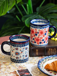 Retro American Style Ceramic Mugs for Office Coffee Drinking Couple Cups Home Breakfast Tea Cups Handmade Crafted Flowers