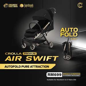 (UPGRADED VERSION)Crolla Premium Air Swift Auto Fold Pure Attraction Stroller (Newborn to 22kg)|Cabin Size Baby Stroller