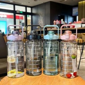 2L Water Bottle with Straw Portable Fitness Sports Cup for Women Travel Gym Bike Outdoor Jug with Time Marker Cold Water Bottles