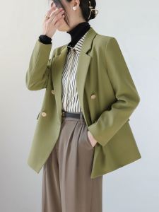 เสื้อสูทสีเขียวสไตล์ย้อนยุคสำหรับผู้หญิง เสื้อคลุมกันหนาวแบบมีฮู้ด แขนยาว ปกเสื้อสูท กระดุมสองแถว ทรงตรง แขนยาว ปกเสื้อสูท
