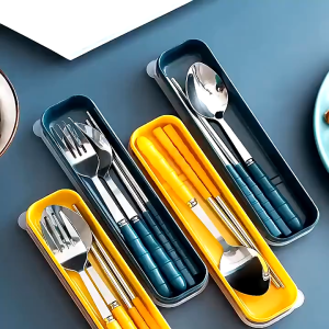 3-in-1 Stainless Steel Wheat Handle Chopsticks Spoon Fork Travel Creative Metal Cutlery Set with Box
