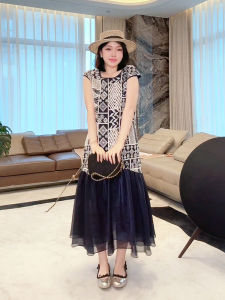 Elegant Greek Geometry Embroidery Dress Slimming Casual Fashionable ME Athena Skirt Cotton High Waist A-Line Midi Dress