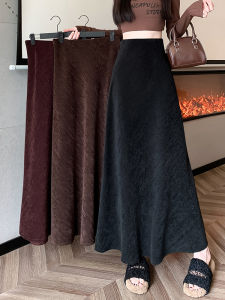 Dày Dặn Màu Đen Vải Nhung Kẻ Chân Váy Chữ A Nữ Mùa Thu Mùa Đông Cạp Cao Dài Thon Gọn Đuôi Cá Drapey Váy Phong Cách Đi Làm