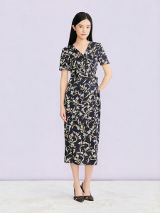 YINER | Elegant V-neck Printed Belted Tea Dress