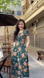 Đầm lụa mango LLis họa tiết phối hoa cổ vuông ren thanh lịch