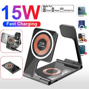 Foldable Transparent Magnetic Qi Wireless Charger Stand For Apple Watch 8 iPhone 16 15 14 13 12 Pro AirPods 15W Fast Wireless Charging