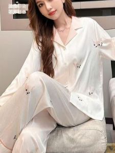 Spring Autumn Popular Thin Silk Sleepwear Long Sleeve Loose Womens Home Clothes Comfortable Breathable High Quality Silk Pyjamas