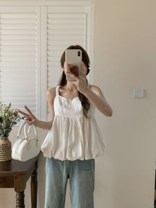 Sweet Flower Bud Skirt Strap Vest Korean Style Butterfly Knot Waist Tie Sleeveless Top Summer Fashionable Sun Protection Womens T-shirt