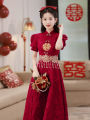 Red Chinese Style Cheongsam Wedding Dress New Version Short Sleeve Middle Waist A-Line Skirt for Bride Gown Custom Made. 
