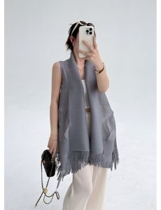 Design New Style Large Lapel Pleated Tassel Vest Shawl Fashion Slim Fit Temperament Sleeveless Coat  93470