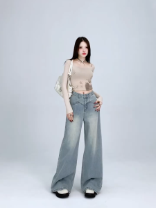 FALSE 9 Celana Jeans Wanita Panjang Cutbray High waist Baggy Bigsize Jumbo Wide Leg Kekinian