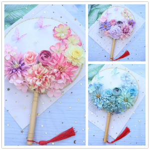Handmade DIY Wedding Photo Shoot Props Chinese Style Brocade Fan Material Kit with Silk Flowers Traditional Ethnic Accessory